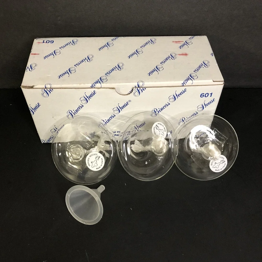Princess House Crystal Floating Oil Lamps 3 Piece with Funnel #601 NEW in Box